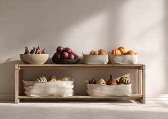 Autumn Farmers Market Display with Seasonal Vegetables on Minimal Wooden Shelf — Beets, Carrots, Onions, Gourds in Natural Baskets, Seasonal Food Styling