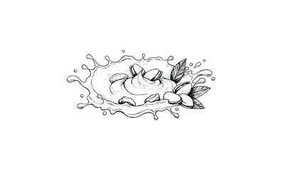 Obraz premium Almond milk splash with nuts and flowers in artistic black and white illustration. Vector retro hand drawn illustration