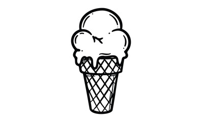 Black and white illustration of melting ice cream cone with waffle pattern. Vector retro hand drawn illustration