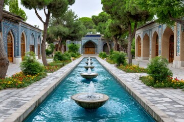 Fountains flowing in tranquil courtyard garden of fin garden, kashan, iran
