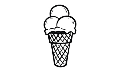Black and white line drawing of ice cream cone with three scoops. Vector retro hand drawn illustration