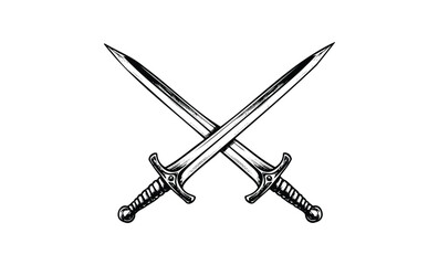 Crossed medieval swords iconic symbol in black and white illustration. Vector retro hand drawn illustration