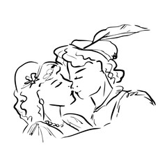 Romantic lovers portrait. vintage couple kissing. Vector illustration in quick sketch line art style. Ideal for romance book designs, wedding stationery, love prints, Valentine’s decor, posters, cards