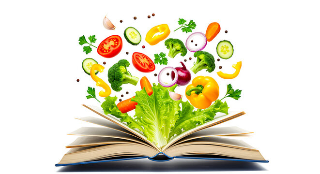 Fresh vibrant vegetables bursting from an open book symbolizing healthy eating and culinary knowledge discovery
