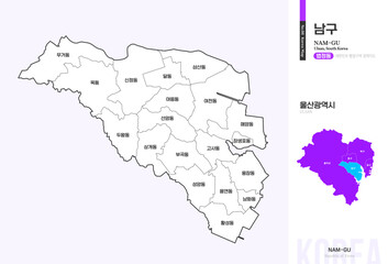 Obraz premium 울산광역시 남구 법정동 윤곽선 지도