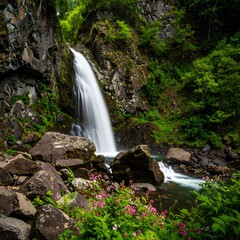 Lush waterfall cascading down rocky terrain