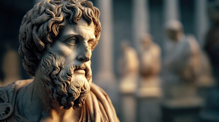 A detailed statue of a bearded figure, showcasing intricate features, set against a backdrop of other sculptures, highlighting classical artistry.