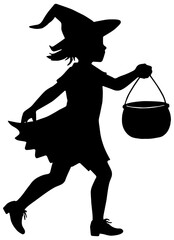 Silhouette of a young girl trick or treating with a pail for candy 