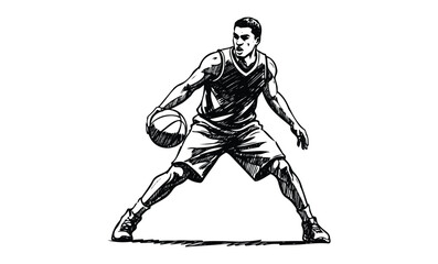 Fototapeta premium Male basketball player dribbling ball sketch black and white illustration. Vector retro hand drawn illustration