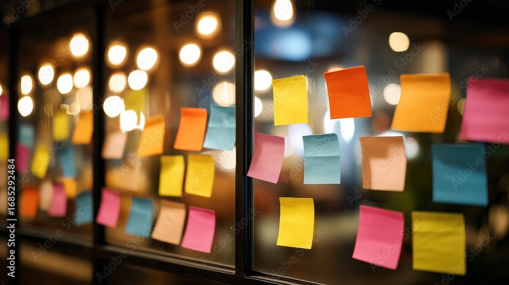 Poster a colorful array of sticky notes displayed on a glass surface, illuminated by warm, ambient lights, 