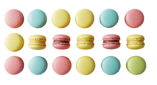 Colorful macarons neatly arranged on a white surface creating a pattern