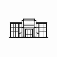 Vector illustration of a modern building with a vintage prison cell design, featuring iron bars, steel fences, and a warehouse security gate