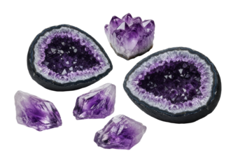 Fractured dark obsidian geode halves revealing vibrant amethyst crystals, raw shards, dust on white studio background. Concept of natural geological beauty and discovery