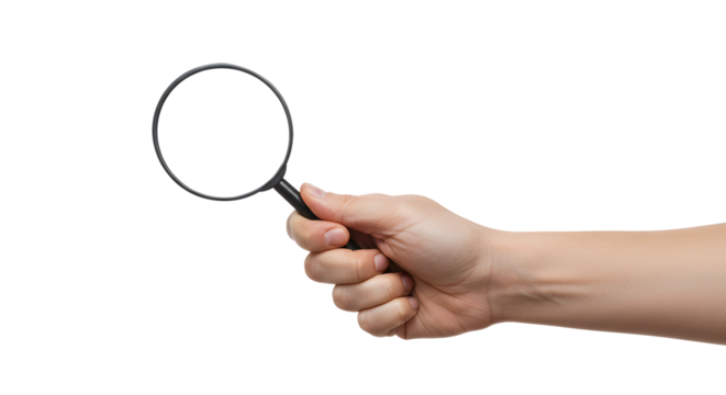 Holding Magnifying Glass in Hand Isolated on White Background Closeup