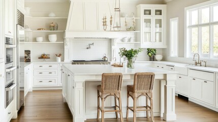 White kitchen with bar stools and clean design