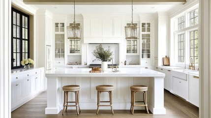 White kitchen with bar stools and clean design