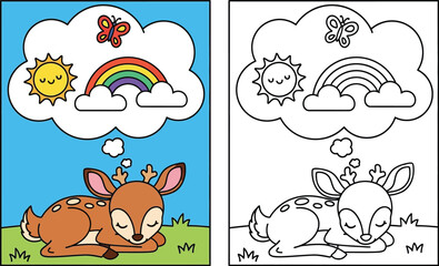 Cute Sleeping Fawn Dreaming of Sun, Rainbow, and Butterfly - Adorable Deer Coloring Page and Colored Version for Kids