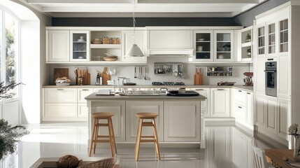 White kitchen with bar stools and clean design