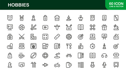 Hobbies Line Icon Set – Professional Minimal Outline Symbols for Leisure Activities, Modern Vector Icons Collection