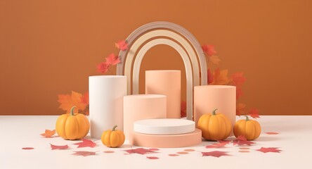 Autumnal arrangement with pumpkins leaves and wooden arch.