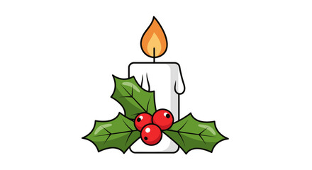 Christmas Candle with Holly and Berries Illustration.