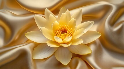 Fototapeta premium A close up of a yellow lotus flower on a gold satin fabric background art