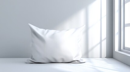 A soft white pillow rests against a bright wall, illuminated by gentle sunlight streaming through a nearby window.