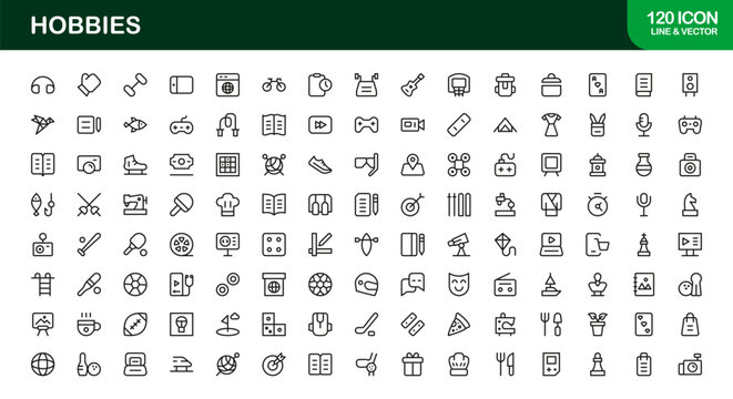 Hobbies Line Icon Set &ndash; Professional Minimal Outline Symbols for Leisure Activities, Modern Vector Icons Collection
