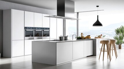 White kitchen with large island, stainless appliances, and modern range hood