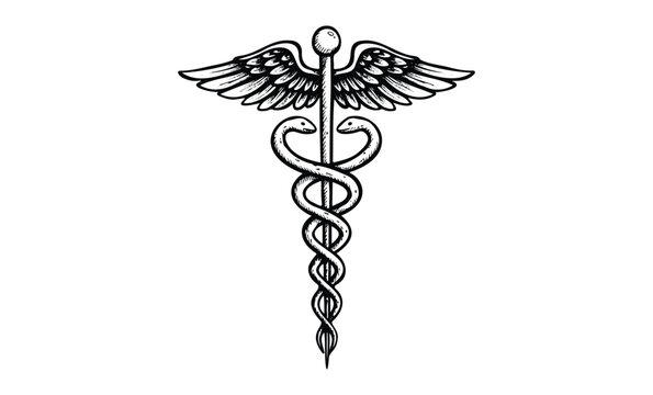 Caduceus symbol: ancient greek mythology, hermes' staff, and healing iconography. Vector retro hand drawn illustration