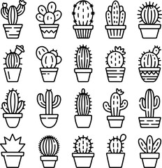 A diverse collection of smooth line art cactus illustrations, perfect for modern botanical design and decorative plant motifs