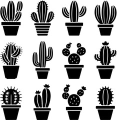 Set of twelve black silhouette cactus icons. A diverse collection of potted succulent plant vector graphics for design