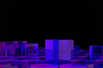 Abstract 3D render of glowing, multifaceted, translucent cubes and hexagonal grid on a black background