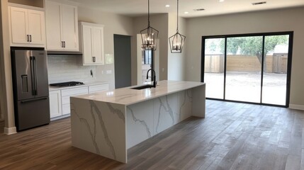White kitchen with waterfall island, quartz countertops, farmhouse sink, and hardwood floors