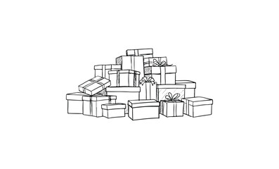 Sketch of a pile of wrapped gift boxes with bows. Vector retro hand drawn illustration