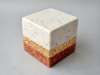 A simple decorative cube features a speckled white top and two shimmering glitter bands in gold and copper, isolated on a clean background.