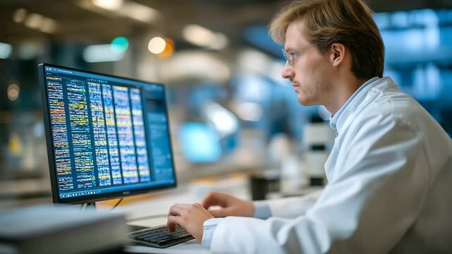 A researcher analyzes telomere sequences in a bioinformatics lab with screens showing nucleotide alignments a mouse clicking lab notebooks open and a coffee machine humming