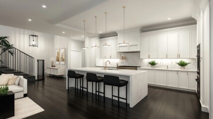 White modern kitchen with dark flooring