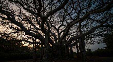 Obraz premium Majestic banyan tree silhouetted against a dusky sky, showcasing intricate branches.
