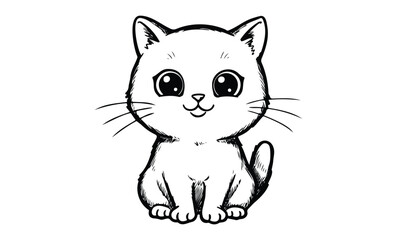 Adorable black and white cartoon cat with big eyes and whiskers. Vector retro hand drawn illustration
