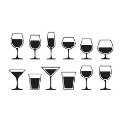 Diverse collection of alcoholic drink glasses and wine goblets silhouette icon set vector