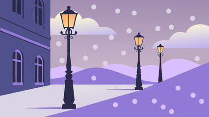 Snowy street with lanterns. Winter scene with lamp posts and falling snow at dusk  
