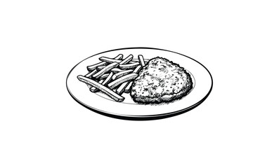 Monochrome drawing: crispy chicken cutlet and french fries on plate. Vector retro hand drawn illustration