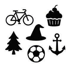 Collection of silhouettes featuring a bicycle cupcake christmas tree witch hat soccer ball and anchor silhouette