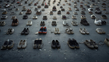 Fototapeta premium Arrangement of Many Shoes on Concrete Surface in Dark Ambience