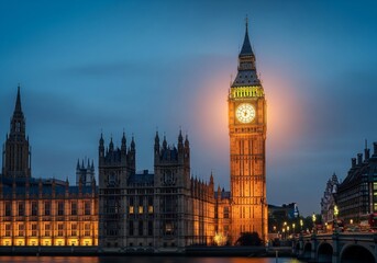 Obraz premium Big Ben with Glowing Clock, Vintage Glow, for wallpaper, digital painting, background, print design, metal poster, print canvas 