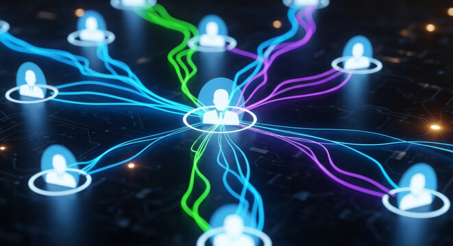 Futuristic social network with digital connection technology. concept of communication showing data flow between avatars on virtual web, representing global teamwork and community