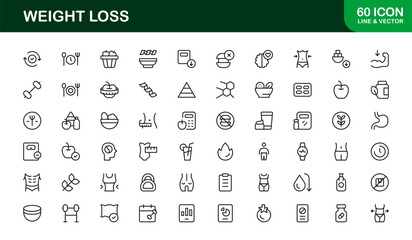Weight Loss Fitness Health Professional Line Icon Set – Modern Minimal Outline Vector Icons for Wellness and Diet