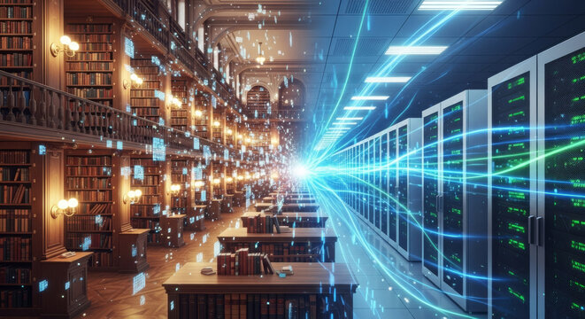 Classic library with books shows futuristic transformation into modern digital data center, conceptual look at evolution of information, knowledge, and technology