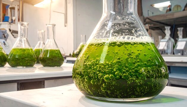 Green algae in laboratory flasks